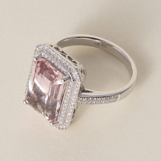 14K White Gold 4.11 CT Emerald-Cut Morganite & Diamond Halo Engagement Ring