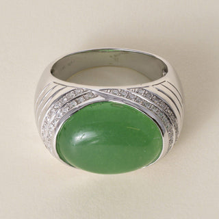 Estate 14K White Gold 7.31 Carat Jade Oval and Diamond Cocktail Ring