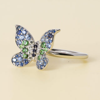 Estate Platinum Blue Green Sapphire and Diamond Single Butterfly Floating Ring