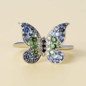 Estate Platinum Blue Green Sapphire and Diamond Single Butterfly Floating Ring