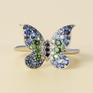 Estate Platinum Blue Green Sapphire and Diamond Single Butterfly Floating Ring