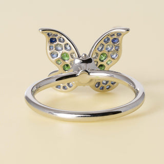 Estate Platinum Blue Green Sapphire and Diamond Single Butterfly Floating Ring