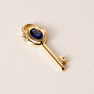 18K Gold Love Key Sapphire Oval and Diamond Pendant