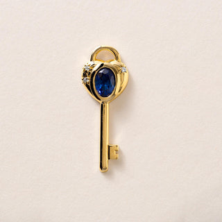 18K Gold Love Key Sapphire Oval and Diamond Pendant