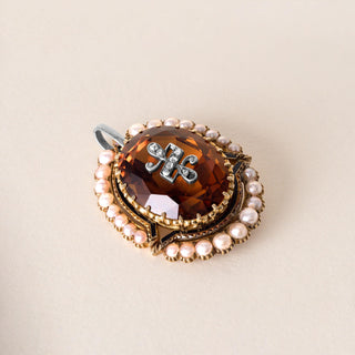 Victorian Citrine, Seed Pearl and Rose Cut Diamond Pendant 14K Yellow Gold