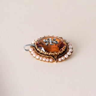 Victorian Citrine, Seed Pearl and Rose Cut Diamond Pendant 14K Yellow Gold