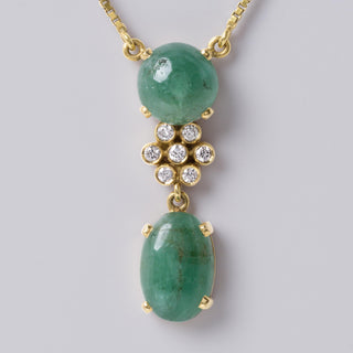 Vintage Emerald Cabochon & Diamond Dangle Necklace 18K Gold Box Chain