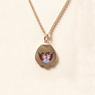 Victorian  Enameled Angel Faces with Wings Pendant Necklace 14k/18k Rose Gold
