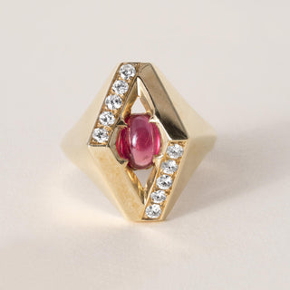 Vintage 14K Gold Ruby Cabochon Contemporary Diamond Ring