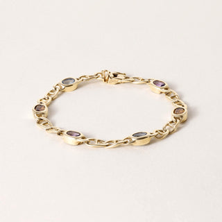 Vintage 14K Gold Multi Gemstone Bezel Curb Chain Link Bracelet