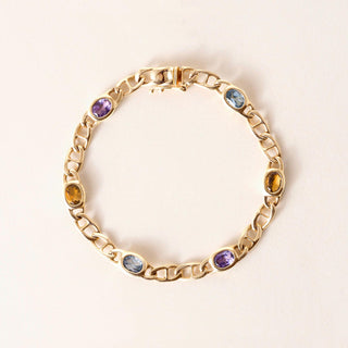 Vintage 14K Gold Multi Gemstone Bezel Curb Chain Link Bracelet