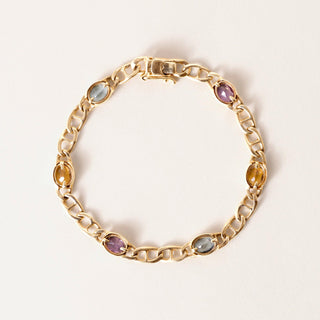 Vintage 14K Gold Multi Gemstone Bezel Curb Chain Link Bracelet
