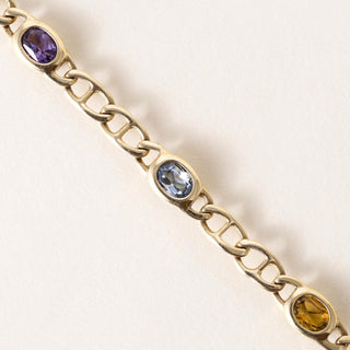 Vintage 14K Gold Multi Gemstone Bezel Curb Chain Link Bracelet