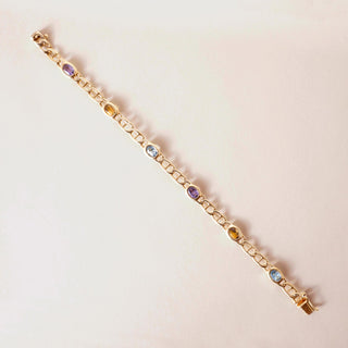 Vintage 14K Gold Multi Gemstone Bezel Curb Chain Link Bracelet