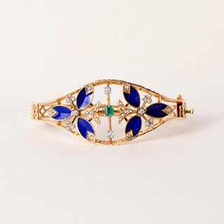 Vintage 14K Gold Emerald, Antique Cut Diamond and Cobalt Blue Enamel Bangle