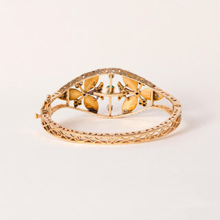 Vintage 14K Gold Emerald, Antique Cut Diamond and Cobalt Blue Enamel Bangle