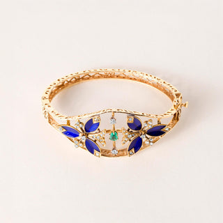 Vintage 14K Gold Emerald, Antique Cut Diamond and Cobalt Blue Enamel Bangle
