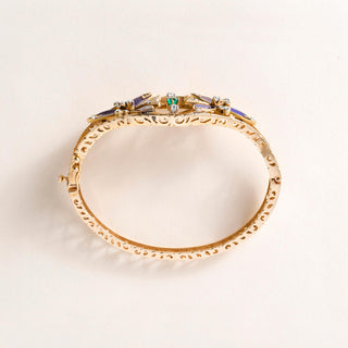 Vintage 14K Gold Emerald, Antique Cut Diamond and Cobalt Blue Enamel Bangle