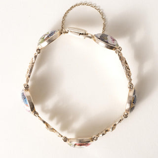 Vintage 14K Gold Painted Birds Crystal Framed Bracelet