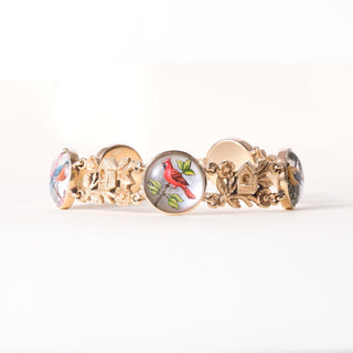 Vintage 14K Gold Painted Birds Crystal Framed Bracelet