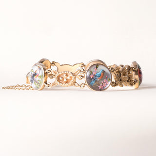 Vintage 14K Gold Painted Birds Crystal Framed Bracelet