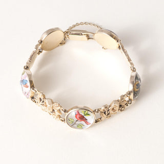 Vintage 14K Gold Painted Birds Crystal Framed Bracelet