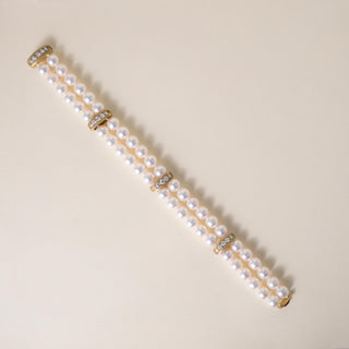 Vintage Double Strand White Pearl with Diamonds 18K Gold Station Bracelet