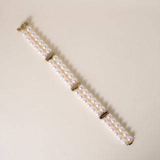 Vintage Double Strand White Pearl with Diamonds 18K Gold Station Bracelet