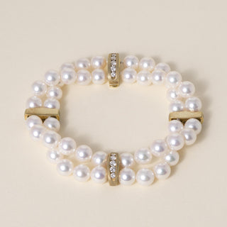 Vintage Double Strand White Pearl with Diamonds 18K Gold Station Bracelet