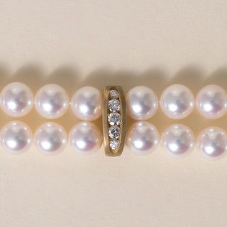 Vintage Double Strand White Pearl with Diamonds 18K Gold Station Bracelet