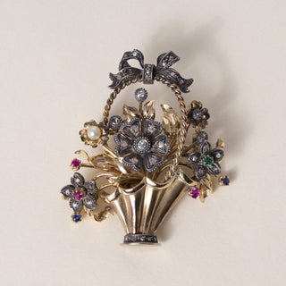 Victorian 18K and Platinum Gemstone and Antique Diamond Floral Basket Brooch