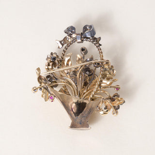 Victorian 18K and Platinum Gemstone and Antique Diamond Floral Basket Brooch