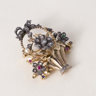Victorian 18K and Platinum Gemstone and Antique Diamond Floral Basket Brooch