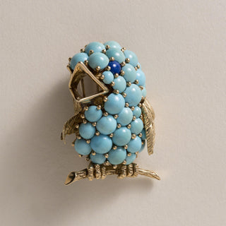 Vintage Rossi 18K Gold Turquoise & Lapis Lazuli Bird Brooch