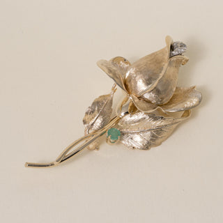 Vintage 14K Gold Rose Flower Diamond and Emerald Brooch