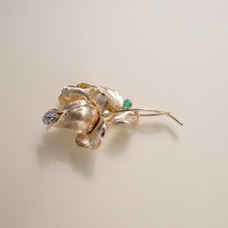 Vintage 14K Gold Rose Flower Diamond and Emerald Brooch