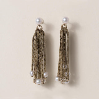 Vintage 14K Mesh Gold Chain Pearl Dangle Earrings