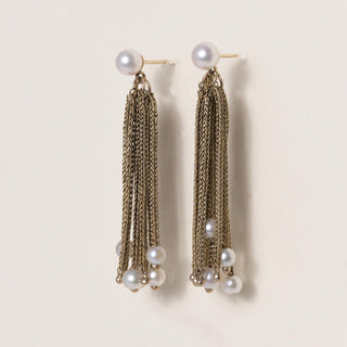 Vintage 14K Mesh Gold Chain Pearl Dangle Earrings