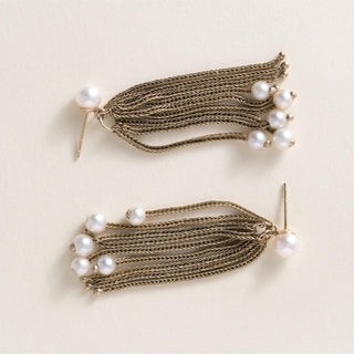 Vintage 14K Mesh Gold Chain Pearl Dangle Earrings