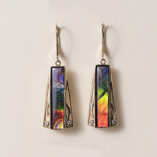 Vintage 14K Gold Rainbow Ammolite and Diamond Dangle Earrings
