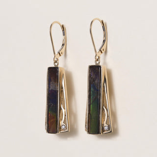 Vintage 14K Gold Rainbow Ammolite and Diamond Dangle Earrings