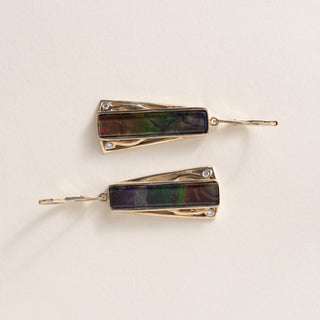Vintage 14K Gold Rainbow Ammolite and Diamond Dangle Earrings