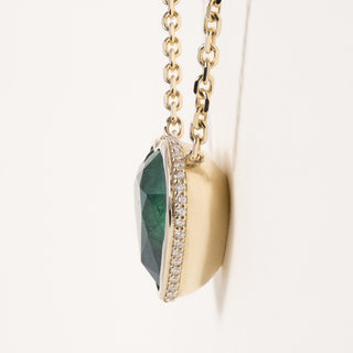 14K Gold 12.55 Carat Emerald Heart Shape Bezel Set Diamond Chain Necklace