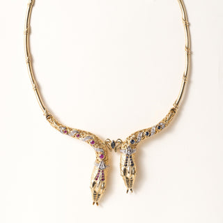 Vintage 18K Gold Twin Serpent Heads Ruby Sapphire and Diamond Necklace Collar