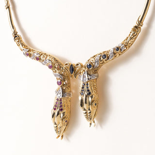 Vintage 18K Gold Twin Serpent Heads Ruby Sapphire and Diamond Necklace Collar