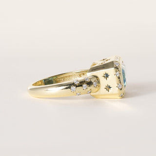 18K Gold 5.20 Carat Elongated Blue Zircon Emerald and Diamond Bezel Ring