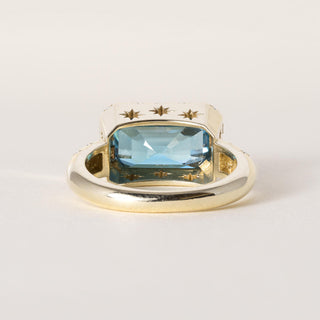 18K Gold 5.20 Carat Elongated Blue Zircon Emerald and Diamond Bezel Ring