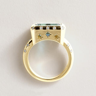 18K Gold 5.20 Carat Elongated Blue Zircon Emerald and Diamond Bezel Ring