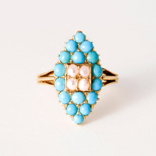 Vintage 18K Rose Gold Turquoise and Pearl Navette Ring