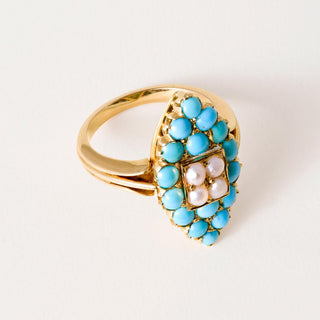 Vintage 18K Rose Gold Turquoise and Pearl Navette Ring